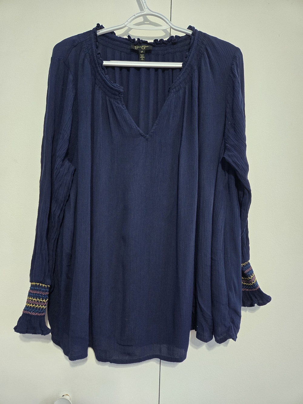 Jessica Simpson Navy Peasant Blouse Boho Embroidered Sleeve Top 2X